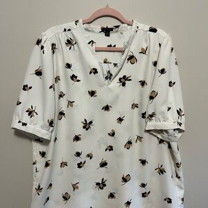 Ann Taylor White Blouse with Black and Tan Floral Design